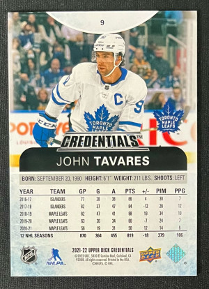 2021-22 Credentials John Tavares /99 back